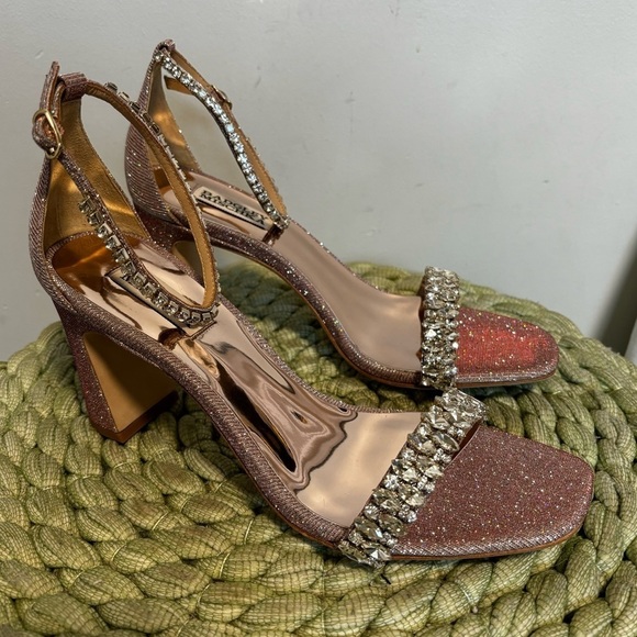 Badgley Mischka Harriet Open Square Toe Rhinestone Rose Gold Block Heel NWOB - Picture 2 of 12